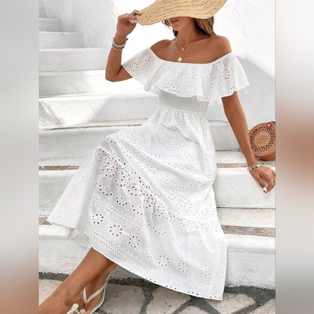 New Flowy Embroidered Open Eyelet Lace Smocked Midi Dress White